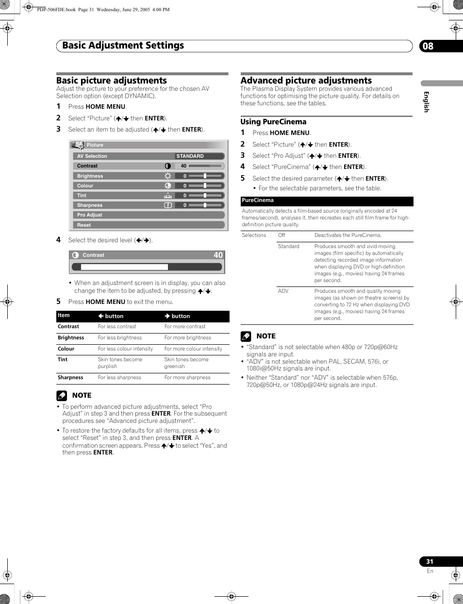 Using purecinema, Basic adjustment settings 08, Basic picture adjustments | Advanced picture adjustments, Using purecinema 1 | Pioneer PDP-436FDE User Manual | Page 31 / 141