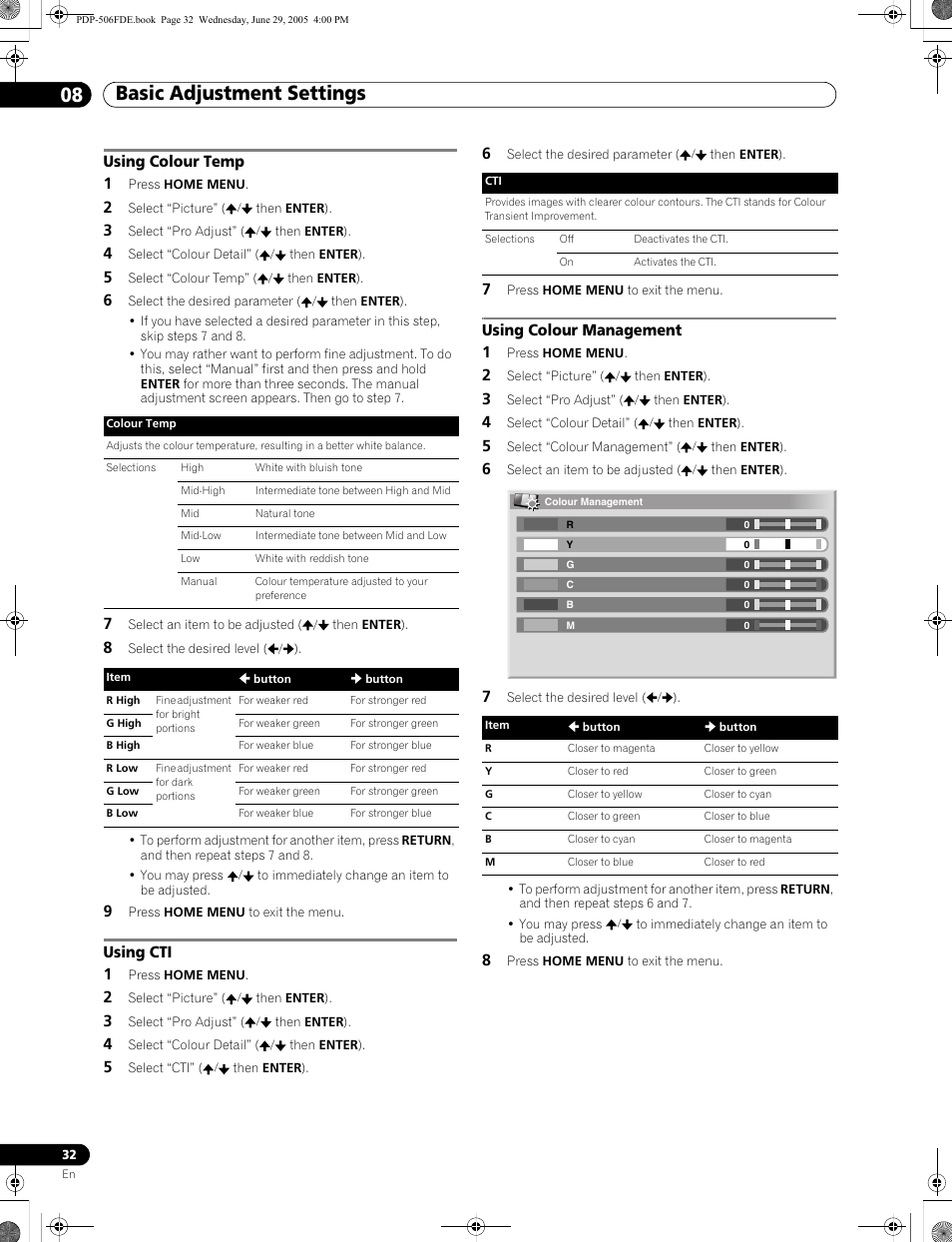 Basic adjustment settings 08, Using colour temp 1, Using cti 1 | Using colour management 1 | Pioneer PDP-436FDE User Manual | Page 32 / 141