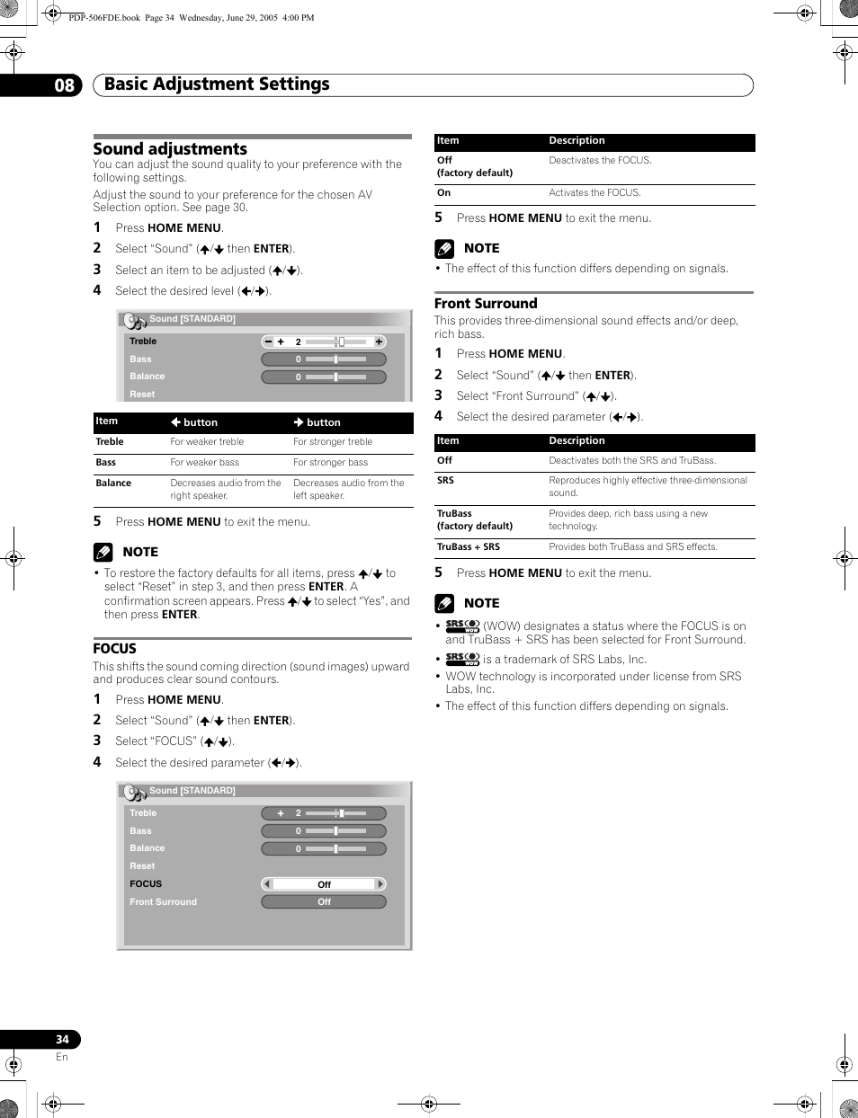 Sound adjustments, Focus front surround, Basic adjustment settings 08 | Focus, Front surround | Pioneer PDP-436FDE User Manual | Page 34 / 141