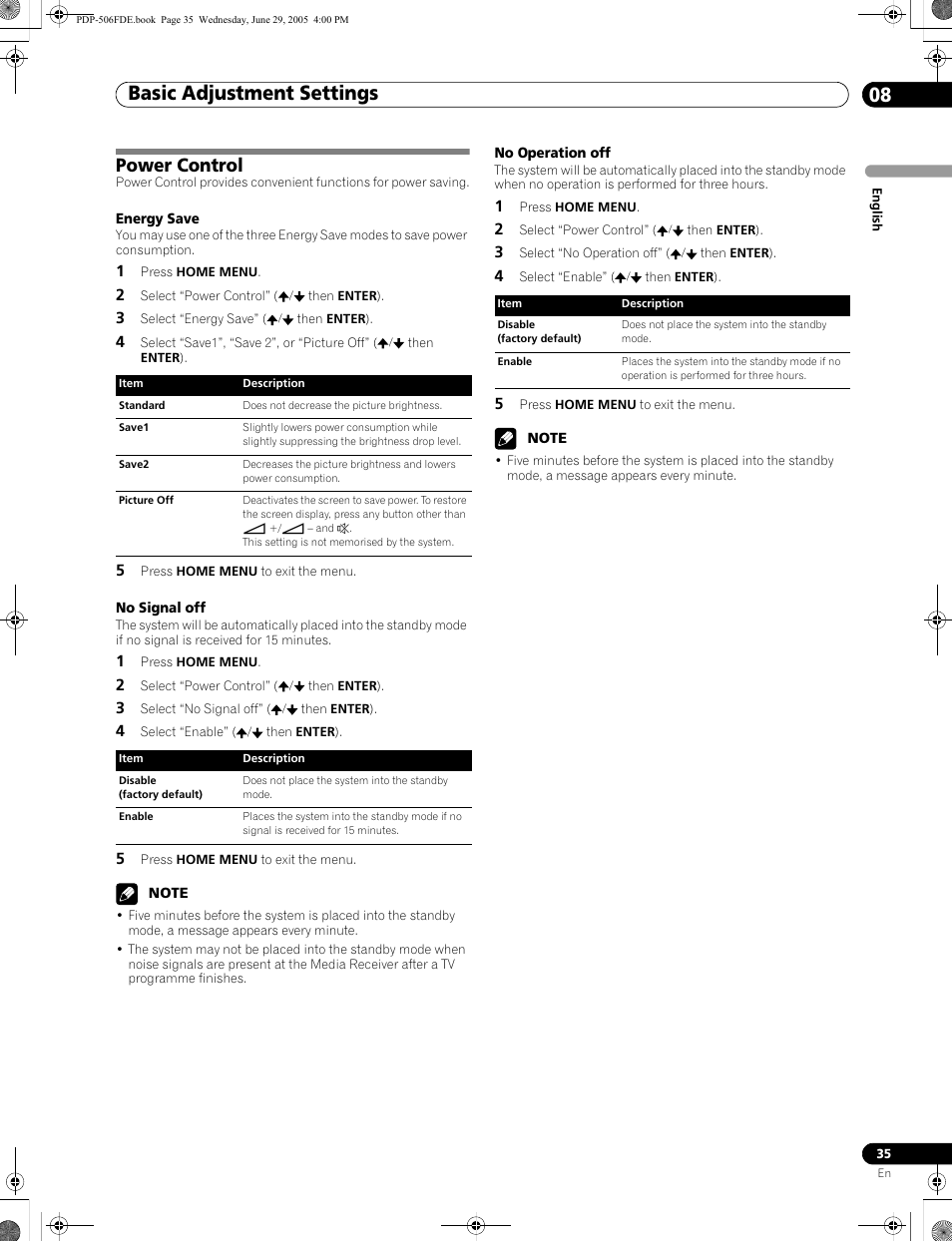Power control, Basic adjustment settings 08 | Pioneer PDP-436FDE User Manual | Page 35 / 141
