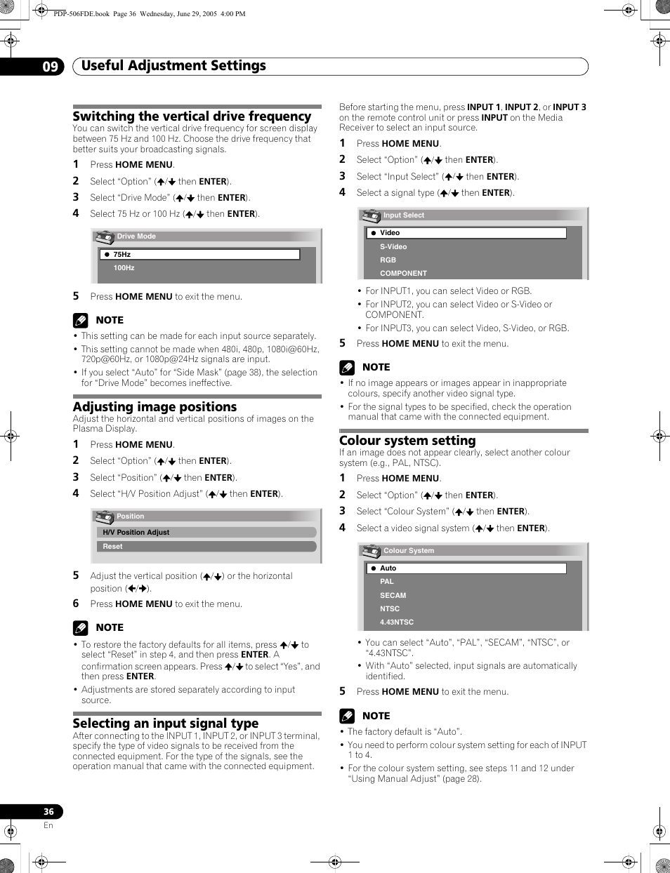09 useful adjustment settings, Switching the vertical drive frequency, Adjusting image positions | Selecting an input signal type, Colour system setting | Pioneer PDP-436FDE User Manual | Page 36 / 141