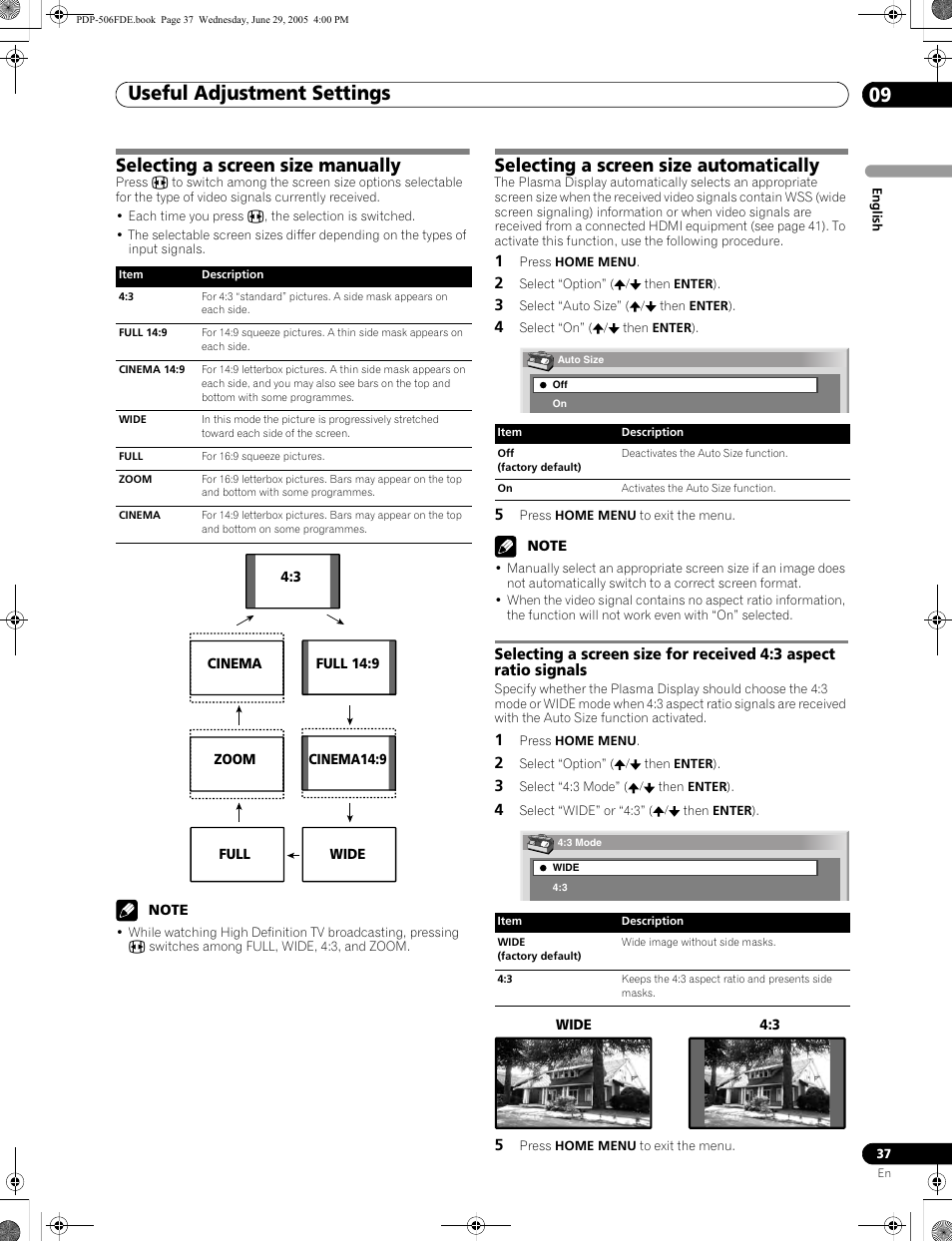 Useful adjustment settings 09, Selecting a screen size manually, Selecting a screen size automatically | Pioneer PDP-436FDE User Manual | Page 37 / 141