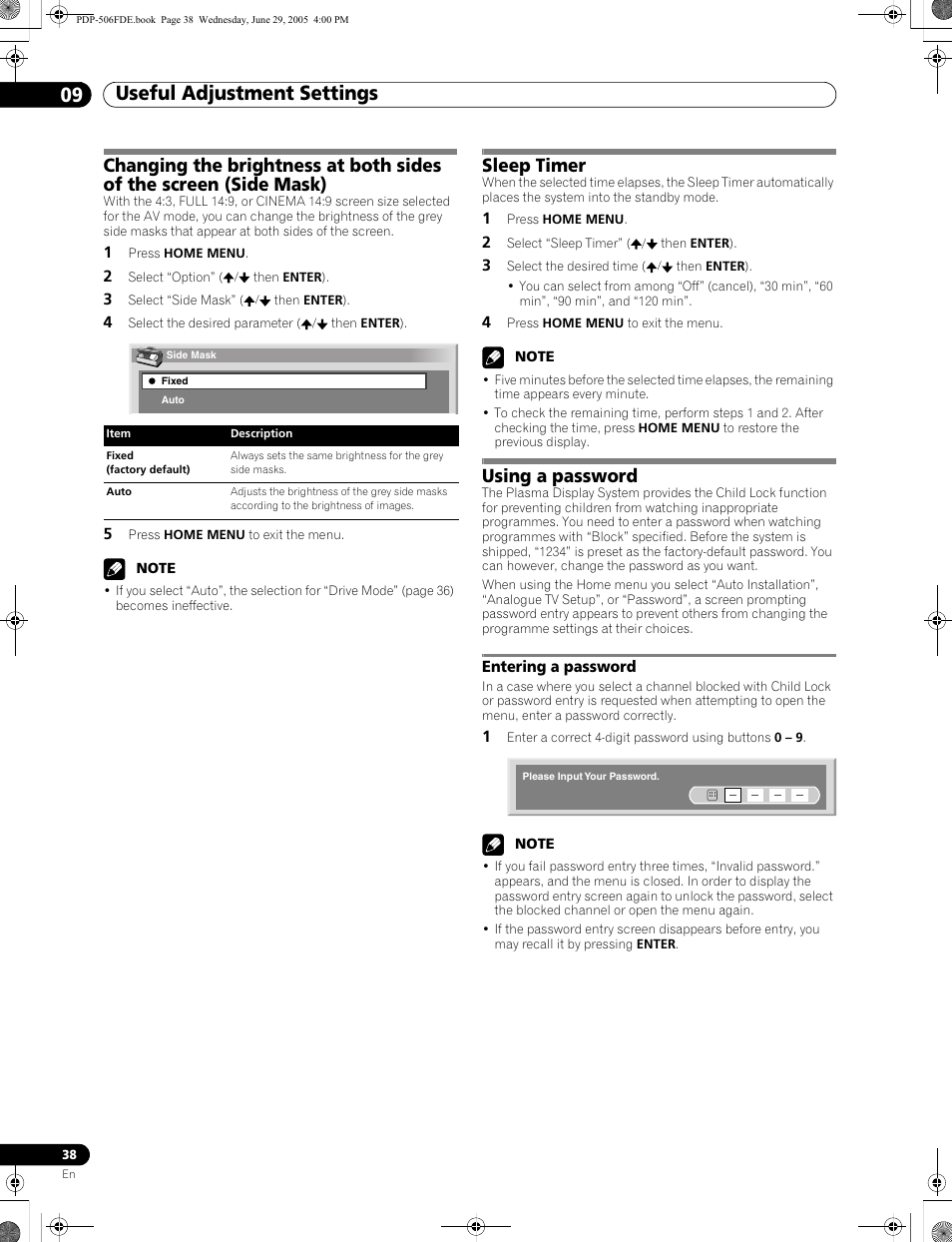 Entering a password, Useful adjustment settings 09, Sleep timer | Using a password | Pioneer PDP-436FDE User Manual | Page 38 / 141