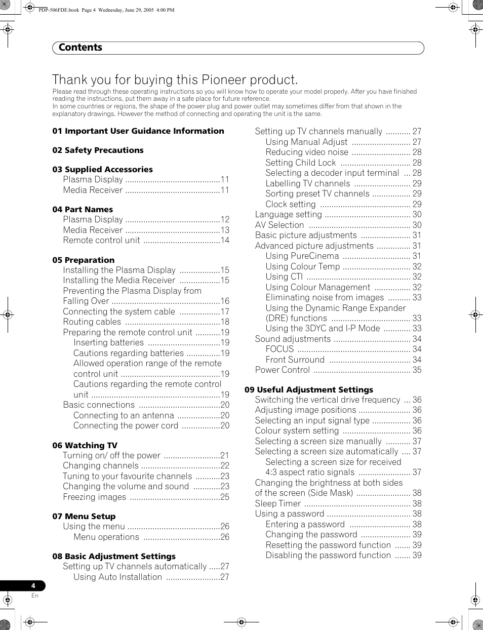 Pioneer PDP-436FDE User Manual | Page 4 / 141