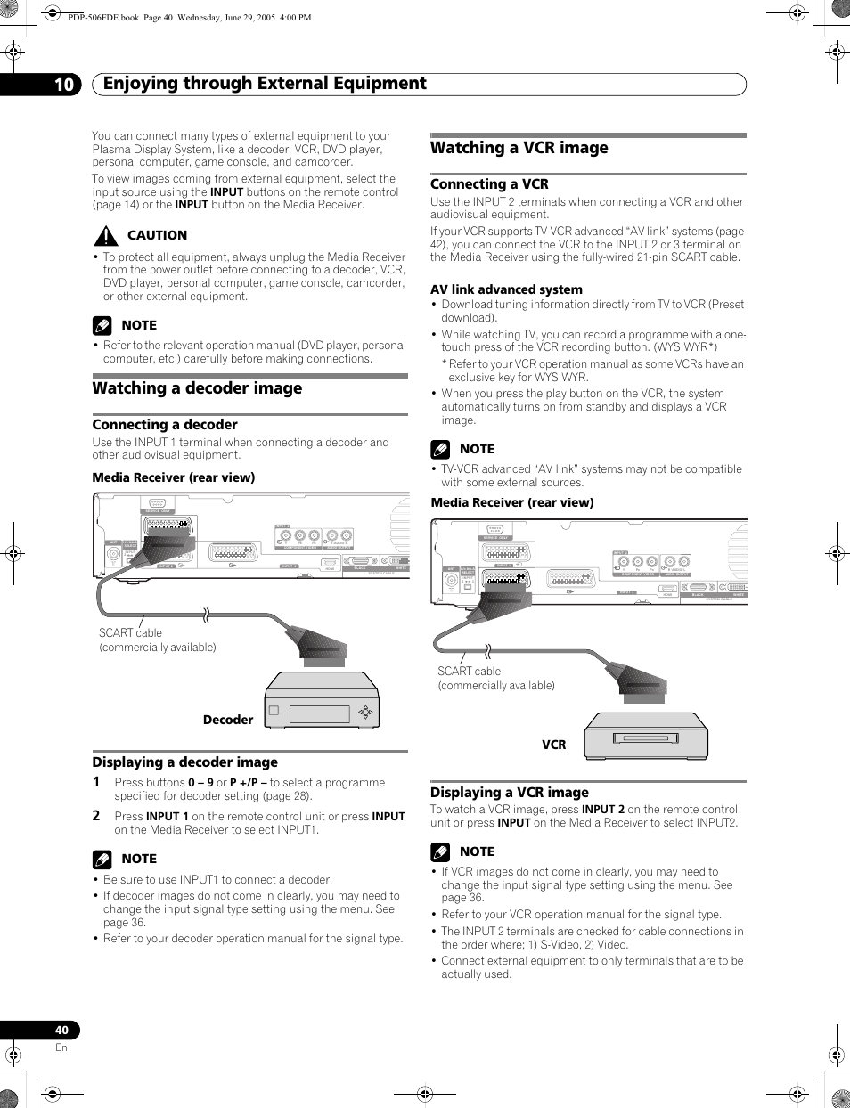 10 enjoying through external equipment, Watching a decoder image, Connecting a decoder displaying a decoder image | Watching a vcr image, Connecting a vcr displaying a vcr image, Connecting a decoder, Displaying a decoder image 1, Connecting a vcr, Displaying a vcr image, Caution | Pioneer PDP-436FDE User Manual | Page 40 / 141