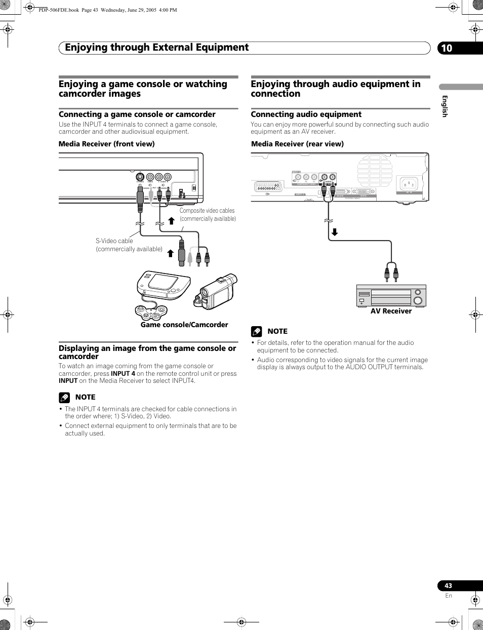 Enjoying through audio equipment in connection, Connecting audio equipment, Enjoying through external equipment 10 | Connecting a game console or camcorder, Media receiver (front view), Game console/camcorder, Media receiver (rear view) av receiver | Pioneer PDP-436FDE User Manual | Page 43 / 141