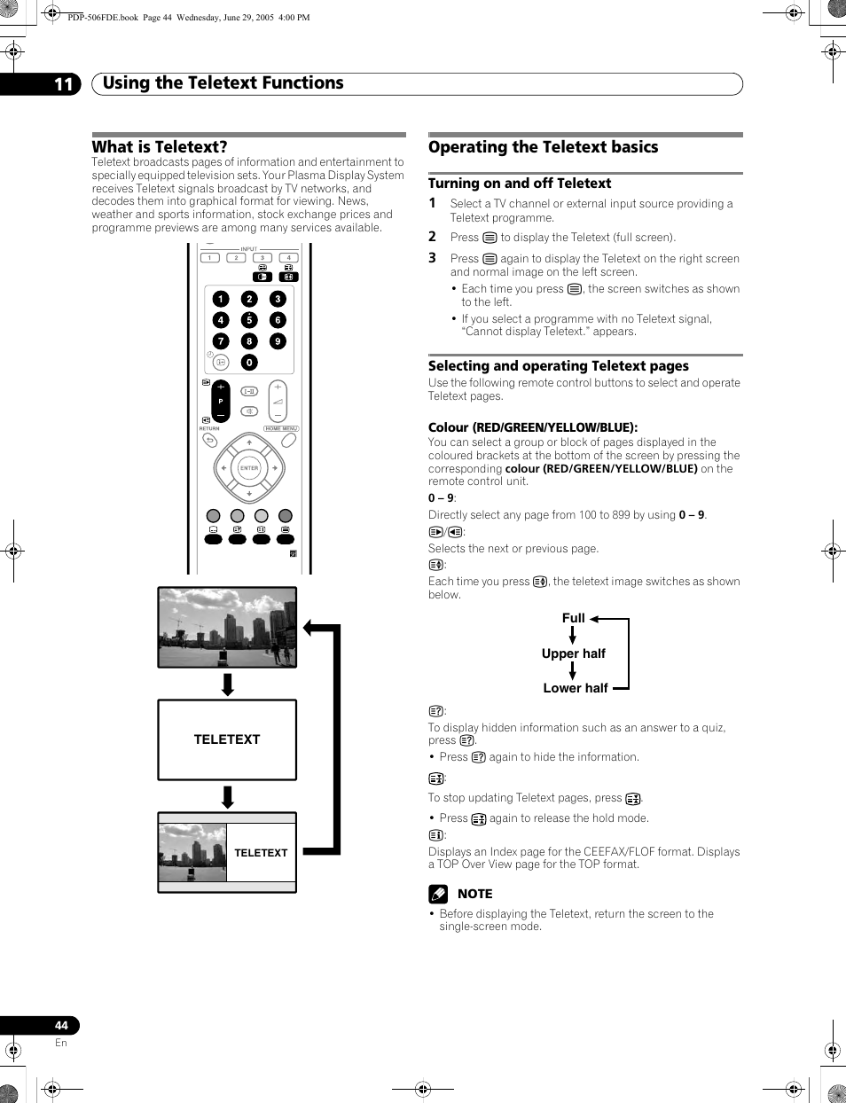 11 using the teletext functions, What is teletext? operating the teletext basics, What is teletext | Operating the teletext basics | Pioneer PDP-436FDE User Manual | Page 44 / 141