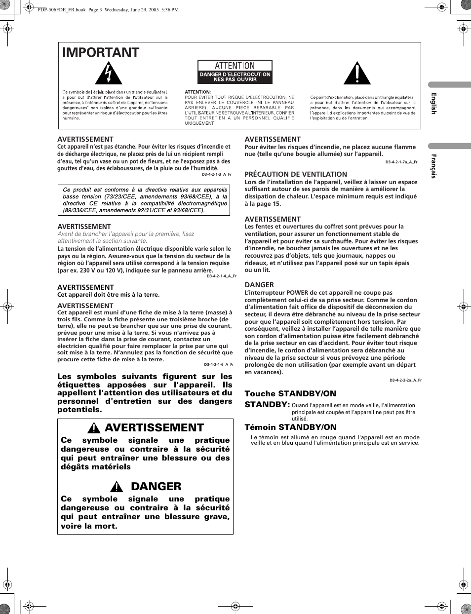 Avertissement, Danger | Pioneer PDP-436FDE User Manual | Page 49 / 141