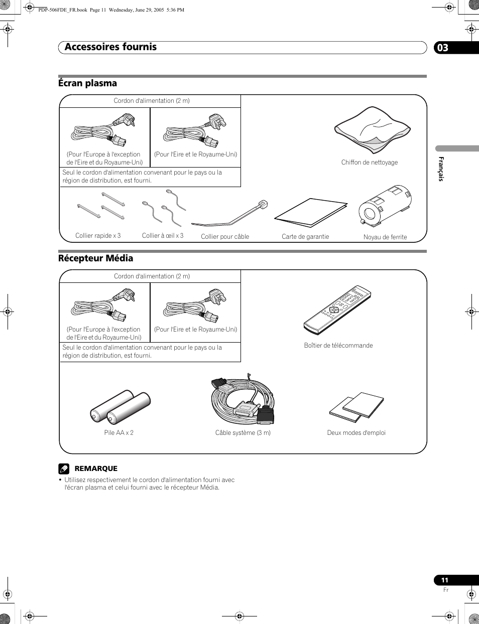 03 accessoires fournis, Écran plasma récepteur média, Accessoires fournis 03 | Accessoires fournis | Pioneer PDP-436FDE User Manual | Page 57 / 141