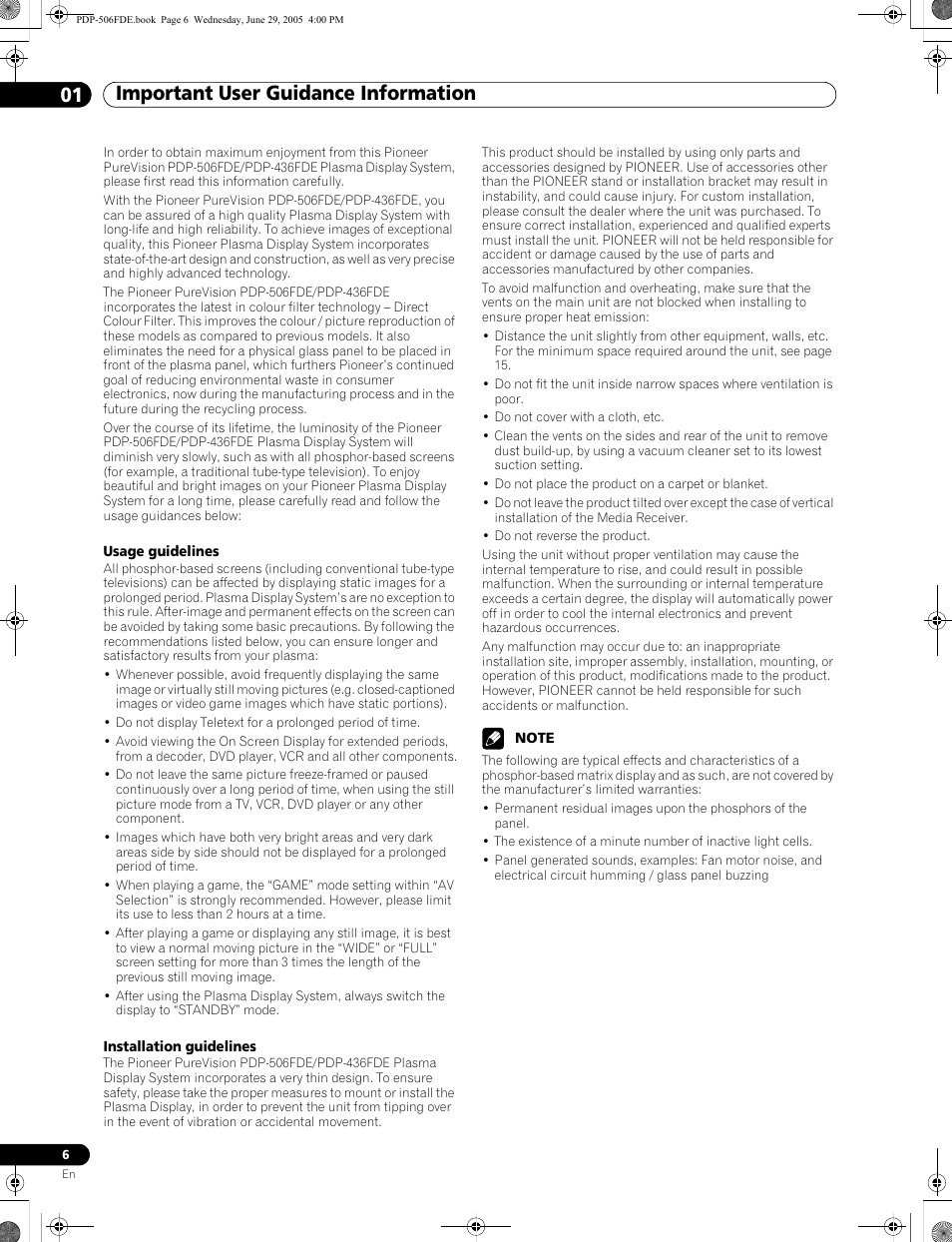 01 important user guidance information | Pioneer PDP-436FDE User Manual | Page 6 / 141