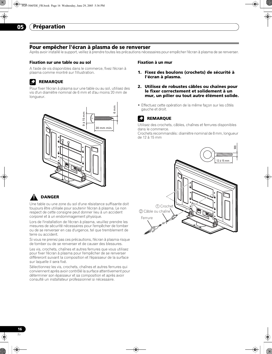 Pour empêcher l'écran à plasma de se renverser, Préparation 05 | Pioneer PDP-436FDE User Manual | Page 62 / 141