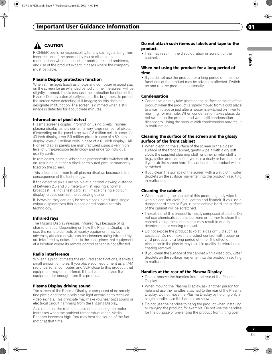 Important user guidance information 01 | Pioneer PDP-436FDE User Manual | Page 7 / 141