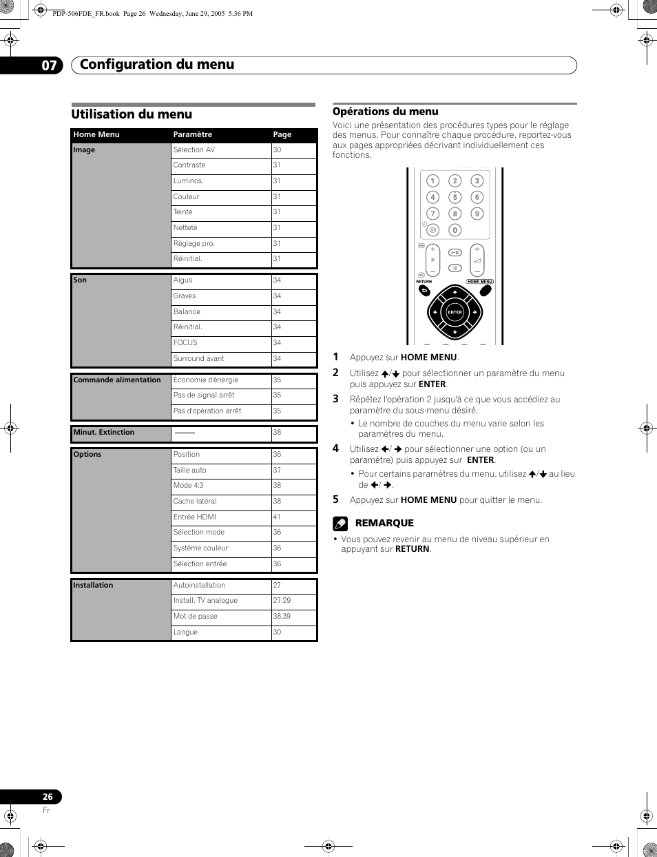 07 configuration du menu, Utilisation du menu, Opérations du menu | Configuration du menu 07 configuration du menu | Pioneer PDP-436FDE User Manual | Page 72 / 141