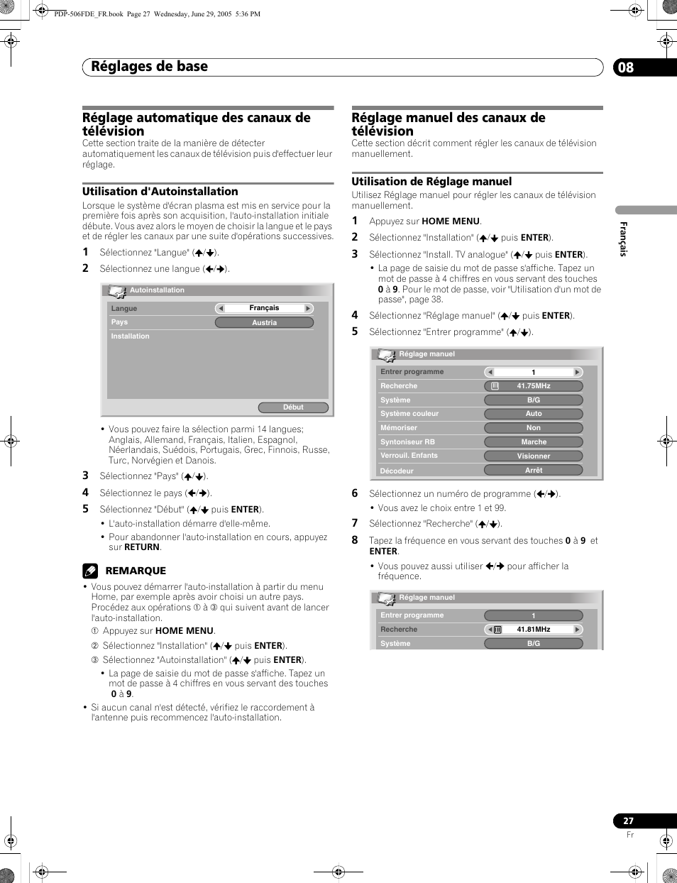 08 réglages de base, Réglage automatique des canaux de télévision, Utilisation d'autoinstallation | Réglage manuel des canaux de télévision, Utilisation de réglage manuel, Réglages de base 08, Réglages de base | Pioneer PDP-436FDE User Manual | Page 73 / 141