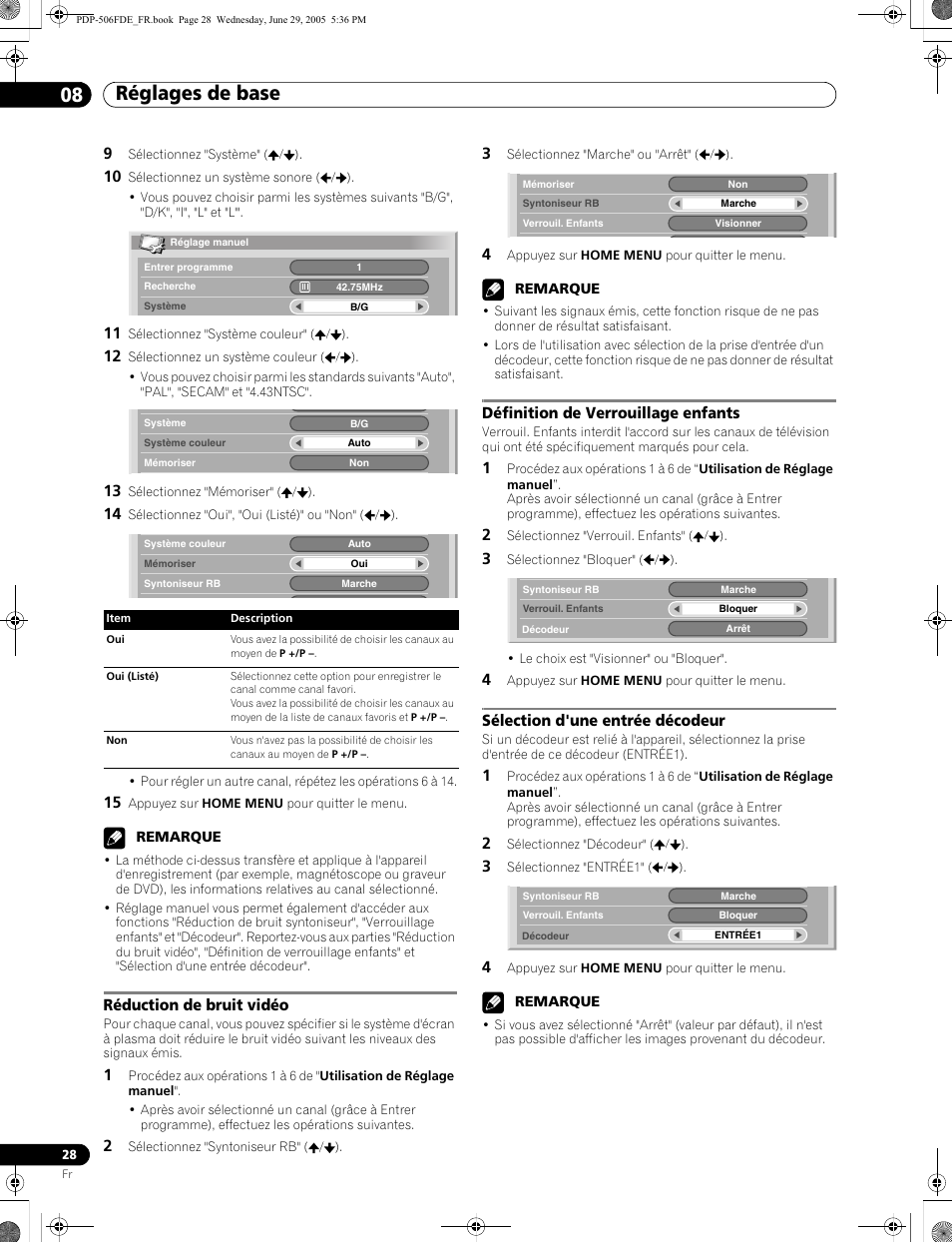 Réglages de base 08, Réduction de bruit vidéo, Définition de verrouillage enfants | Sélection d'une entrée décodeur | Pioneer PDP-436FDE User Manual | Page 74 / 141