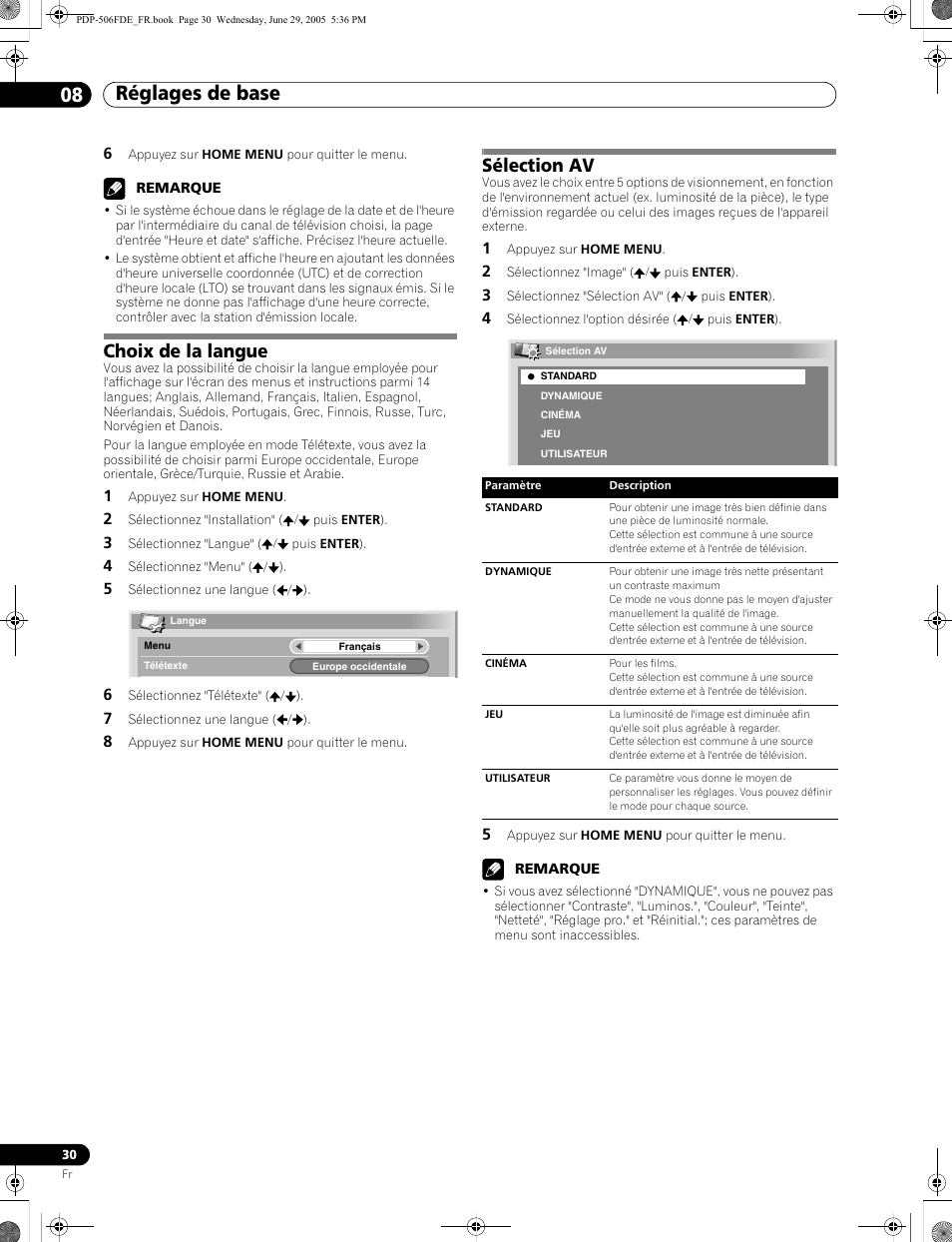 Choix de la langue sélection av, Réglages de base 08, Choix de la langue | Sélection av | Pioneer PDP-436FDE User Manual | Page 76 / 141