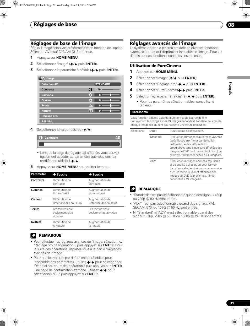 Utilisation de purecinema, Réglages de base 08, Réglages de base de l'image | Réglages avancés de l'image, Utilisation de purecinema 1 | Pioneer PDP-436FDE User Manual | Page 77 / 141