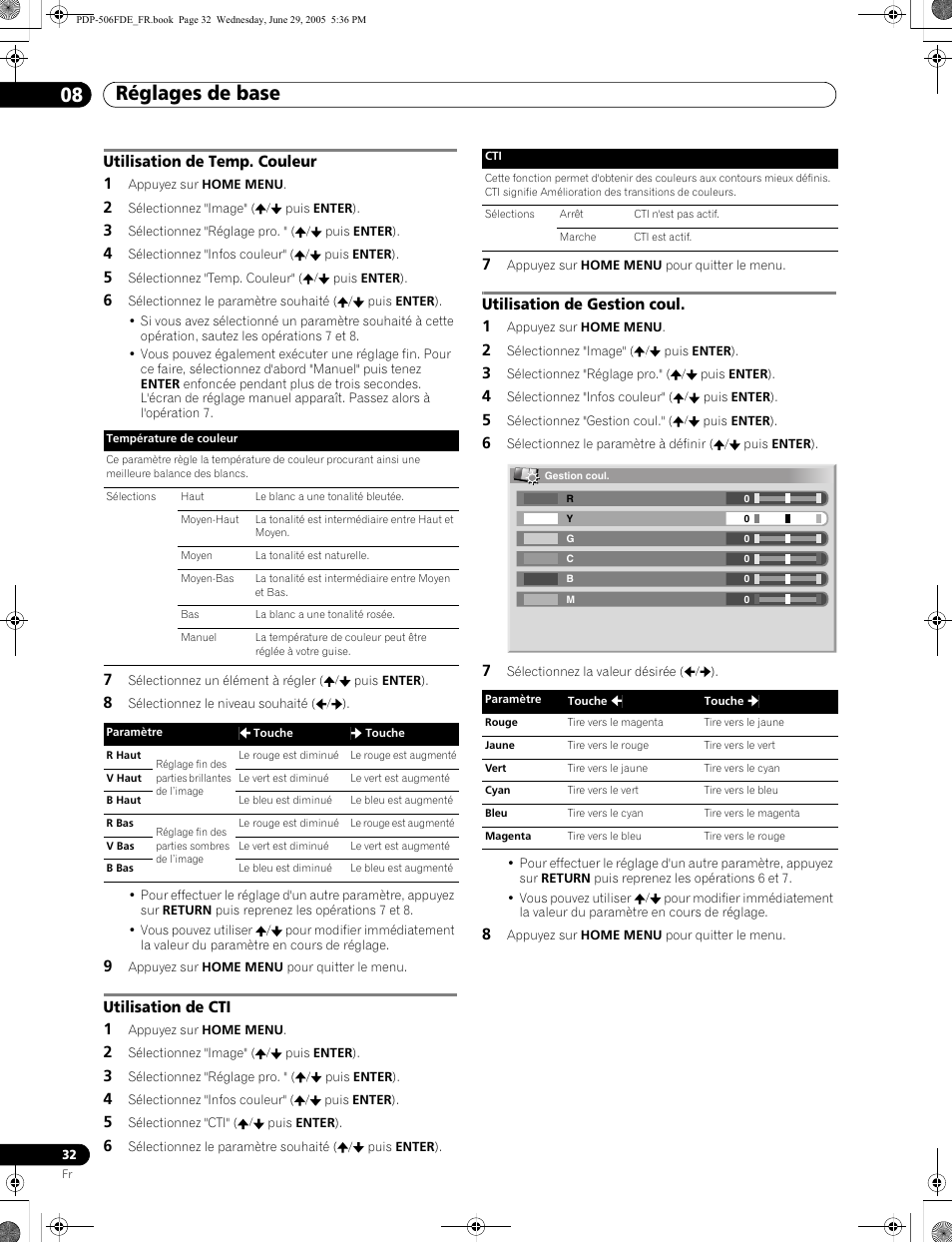 Réglages de base 08, Utilisation de temp. couleur 1, Utilisation de cti 1 | Utilisation de gestion coul. 1 | Pioneer PDP-436FDE User Manual | Page 78 / 141