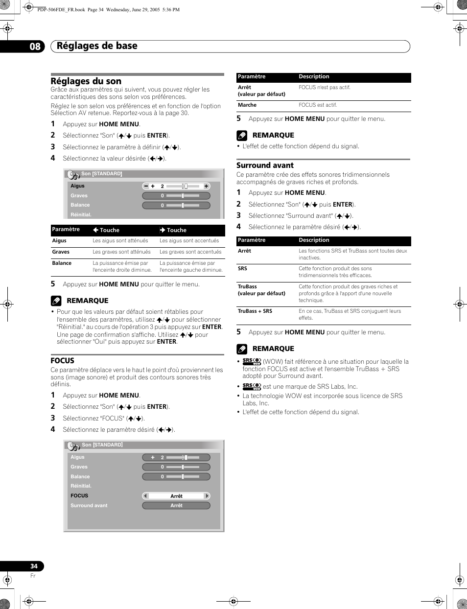 Réglages du son, Focus surround avant, Réglages de base 08 | Focus, Surround avant | Pioneer PDP-436FDE User Manual | Page 80 / 141