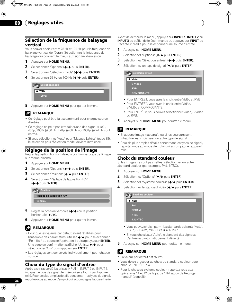 09 réglages utiles, Réglages utiles 09 réglages utiles, Sélection de la fréquence de balayage vertical | Réglage de la position de l'image, Choix du type de signal d'entrée, Choix du standard couleur | Pioneer PDP-436FDE User Manual | Page 82 / 141