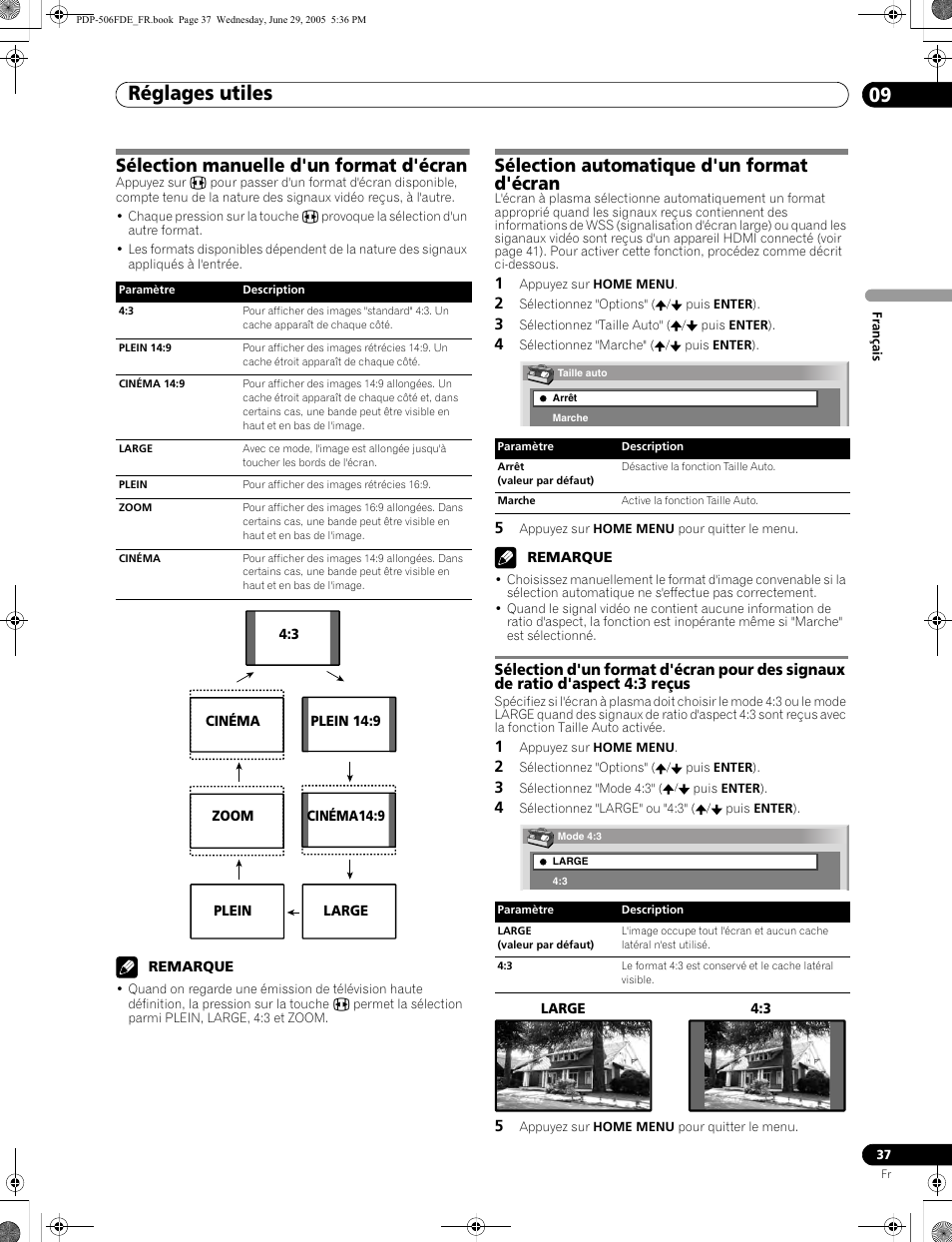 Réglages utiles 09, Sélection manuelle d'un format d'écran, Sélection automatique d'un format d'écran | Pioneer PDP-436FDE User Manual | Page 83 / 141