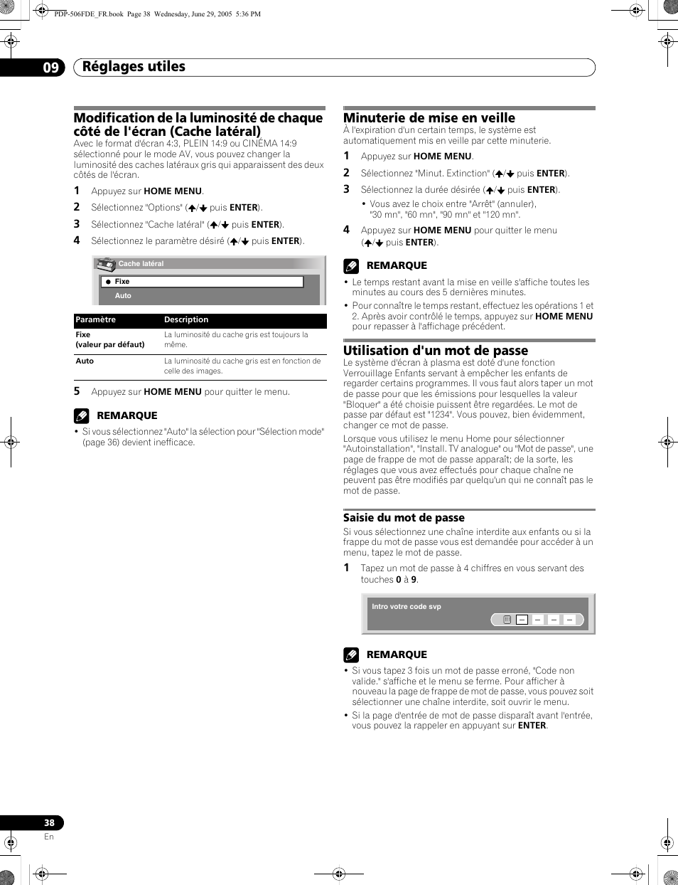 Saisie du mot de passe, Réglages utiles 09, Minuterie de mise en veille | Utilisation d'un mot de passe | Pioneer PDP-436FDE User Manual | Page 84 / 141