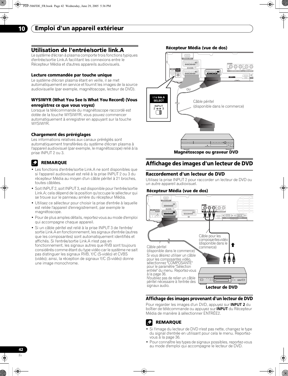 Emploi d'un appareil extérieur 10, Utilisation de l'entrée/sortie link.a, Affichage des images d'un lecteur de dvd | Raccordement d'un lecteur de dvd, Affichage des images provenant d'un lecteur de dvd, Lecture commandée par touche unique, Chargement des préréglages, Remarque, Récepteur média (vue de dos), Magnétoscope ou graveur dvd | Pioneer PDP-436FDE User Manual | Page 88 / 141