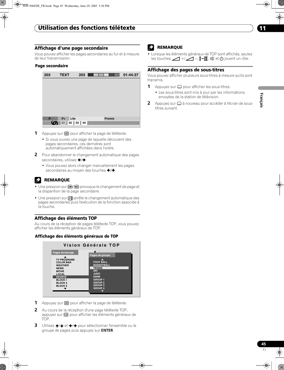 Utilisation des fonctions télétexte 11 | Pioneer PDP-436FDE User Manual | Page 91 / 141