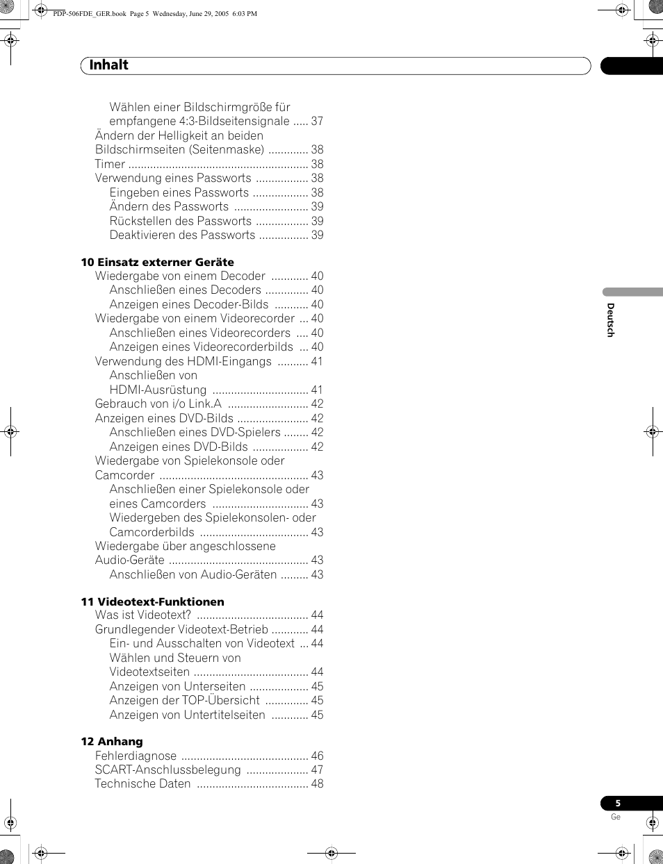 Inhalt | Pioneer PDP-436FDE User Manual | Page 97 / 141