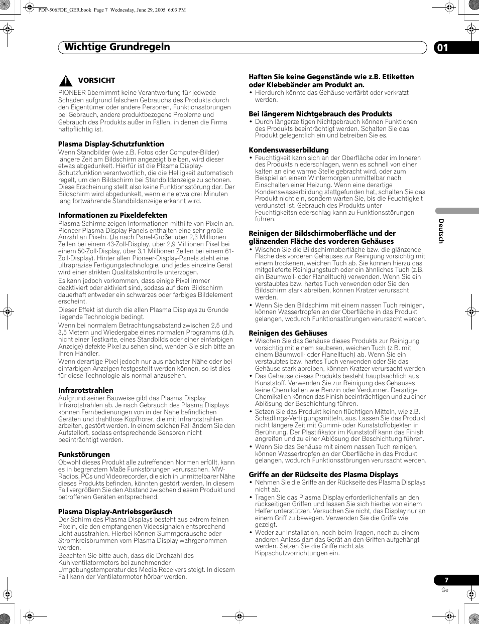 Wichtige grundregeln 01 | Pioneer PDP-436FDE User Manual | Page 99 / 141
