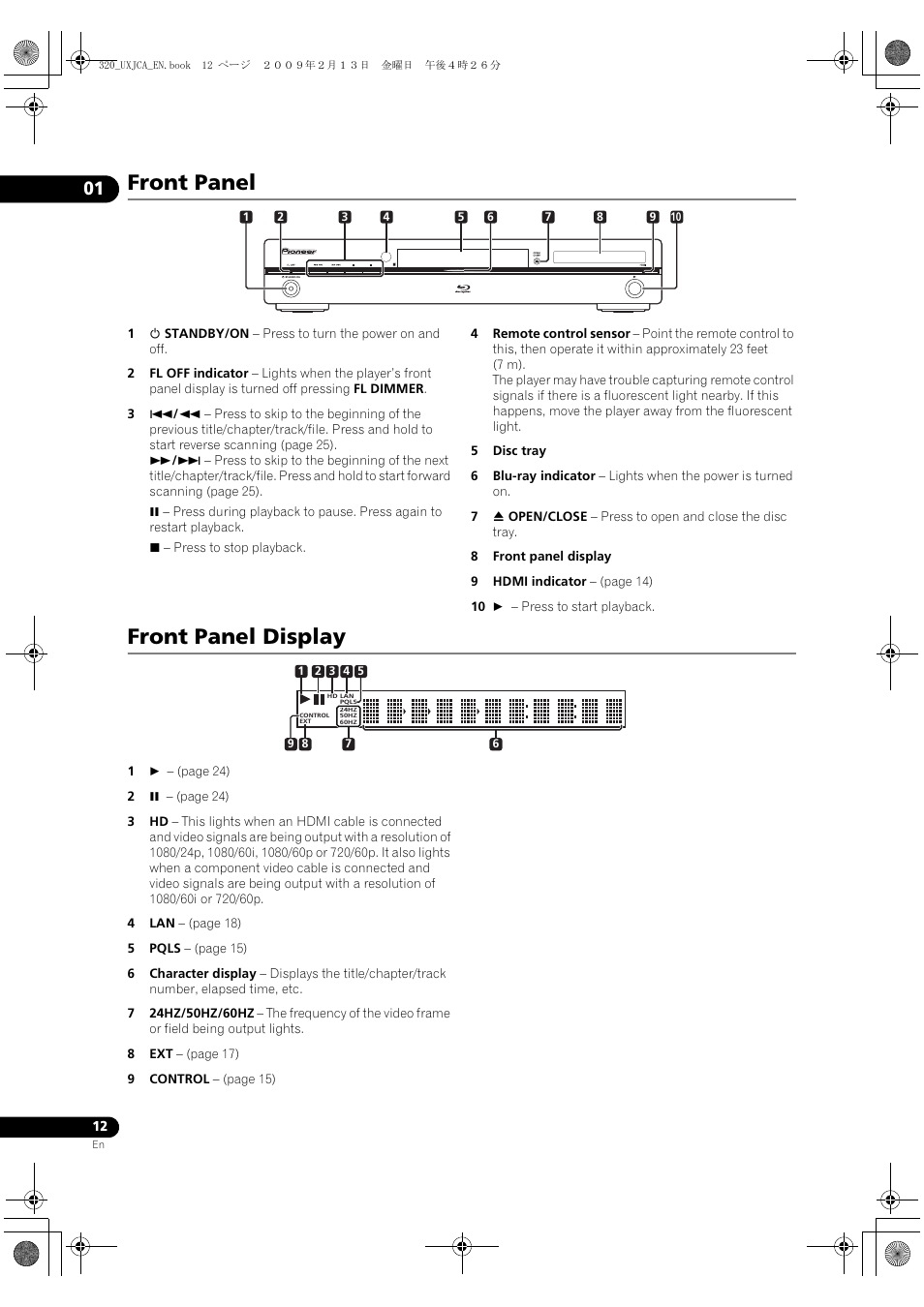 Front panel, Front panel display, Ront panel | Ront panel display | Pioneer BDP-320 User Manual | Page 12 / 66
