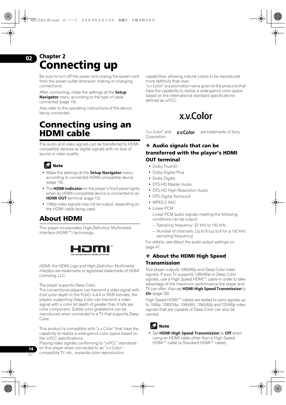 Connecting up, Connecting using an hdmi cable, About hdmi | 02 connecting up, Chapter 2 | Pioneer BDP-320 User Manual | Page 14 / 66