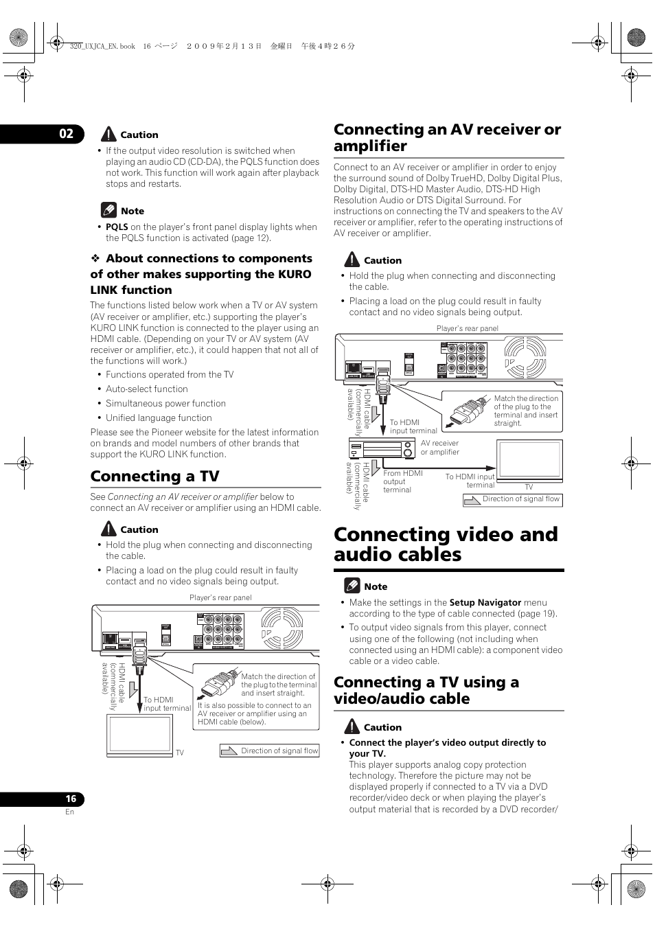 Connecting a tv, Connecting an av receiver or amplifier, Connecting video and audio cables | Connecting a tv using a video/audio cable, Connecting a tv connecting an av, Receiver or amplifier | Pioneer BDP-320 User Manual | Page 16 / 66