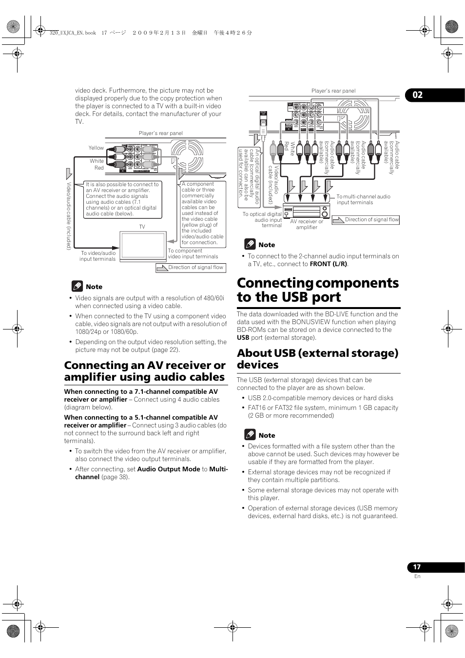 Connecting components to the usb port, About usb (external storage) devices, Connecting an av | Receiver or amplifier using audio, Cables, Connecting com, Ponents to the usb port, About usb (exte, Rnal storage) devices, Below) | Pioneer BDP-320 User Manual | Page 17 / 66