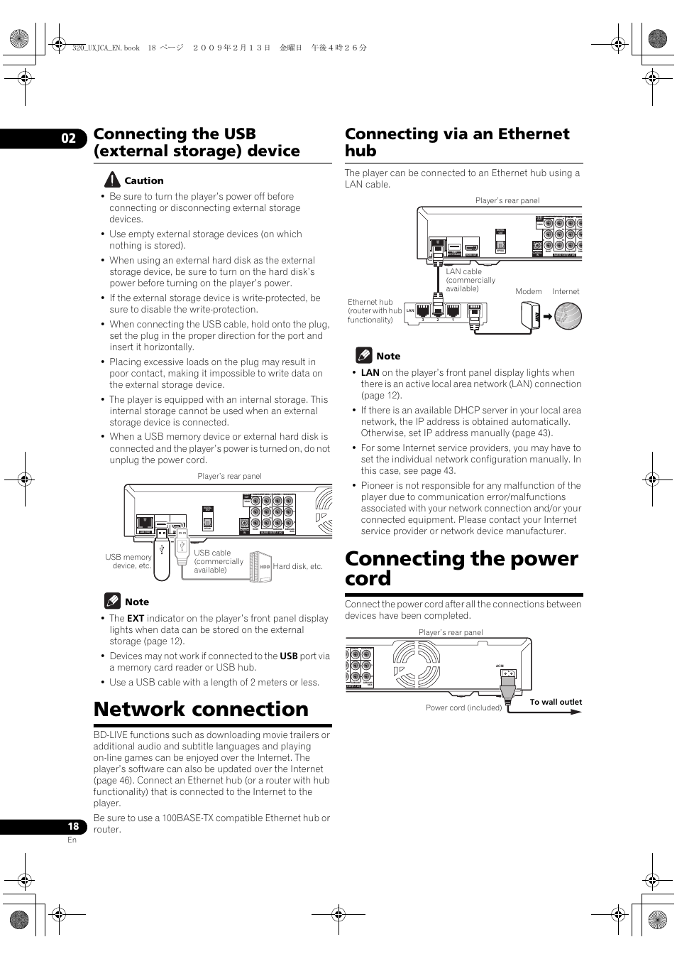 Connecting the usb (external storage) device, Network connection, Connecting via an ethernet hub | Connecting the power cord, Connecting the usb (exte, Rnal storage) device, Netwo, Rk connection, Connecting via an ethe, Rnet hub | Pioneer BDP-320 User Manual | Page 18 / 66