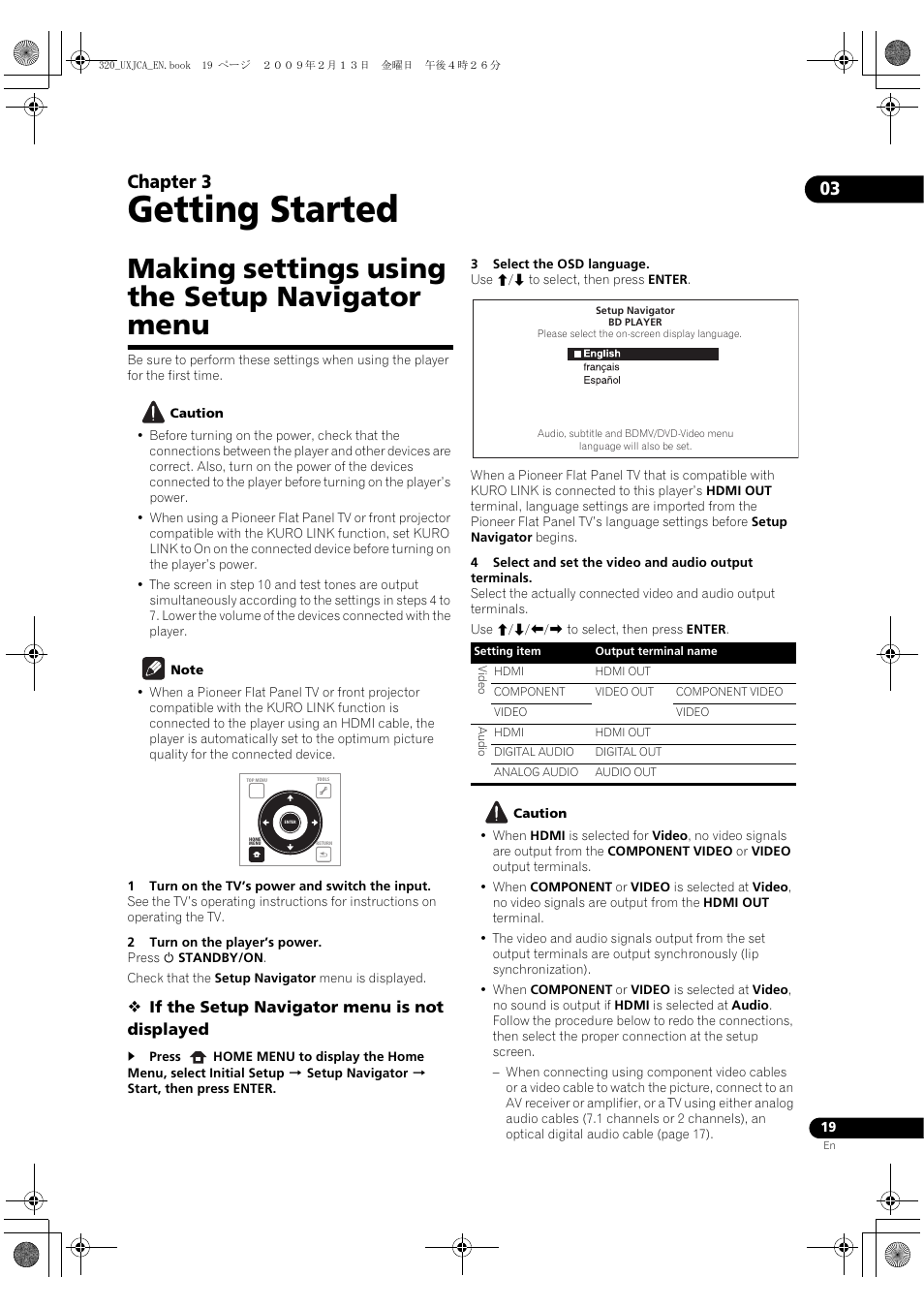 Getting started, Making settings using the setup navigator menu, 03 getting started | Making settings using the setu, P navigator menu, 03 chapter 3 | Pioneer BDP-320 User Manual | Page 19 / 66