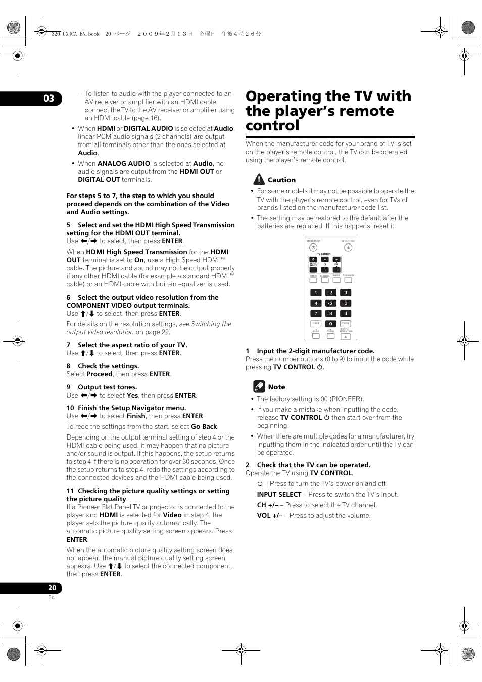 Operating the tv with the player’s remote control, Perating the tv with the player’s remote control, 10 and tes | Pioneer BDP-320 User Manual | Page 20 / 66