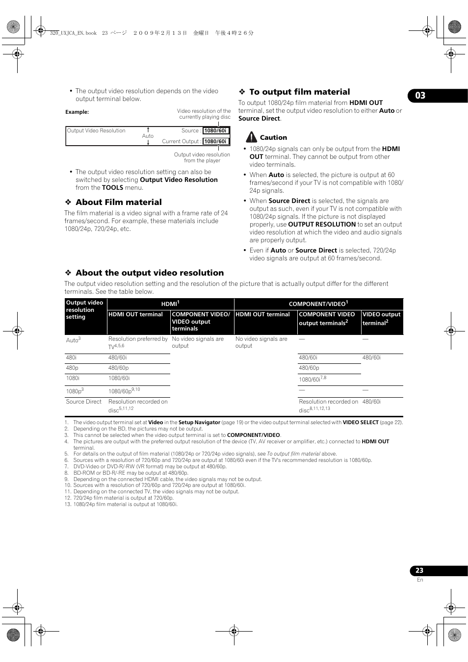 About film material, About the output video resolution | Pioneer BDP-320 User Manual | Page 23 / 66