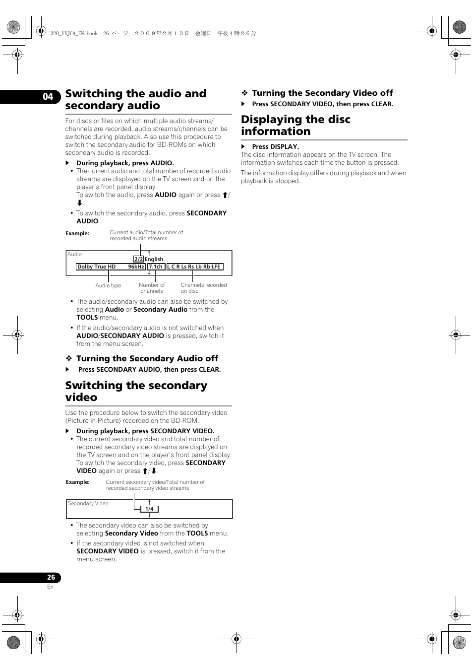 Switching the audio and secondary audio, Switching the secondary video, Displaying the disc information | Switching the audio and seconda, Ry audio, Switching the seconda, Ry video, Playing the disc information | Pioneer BDP-320 User Manual | Page 26 / 66