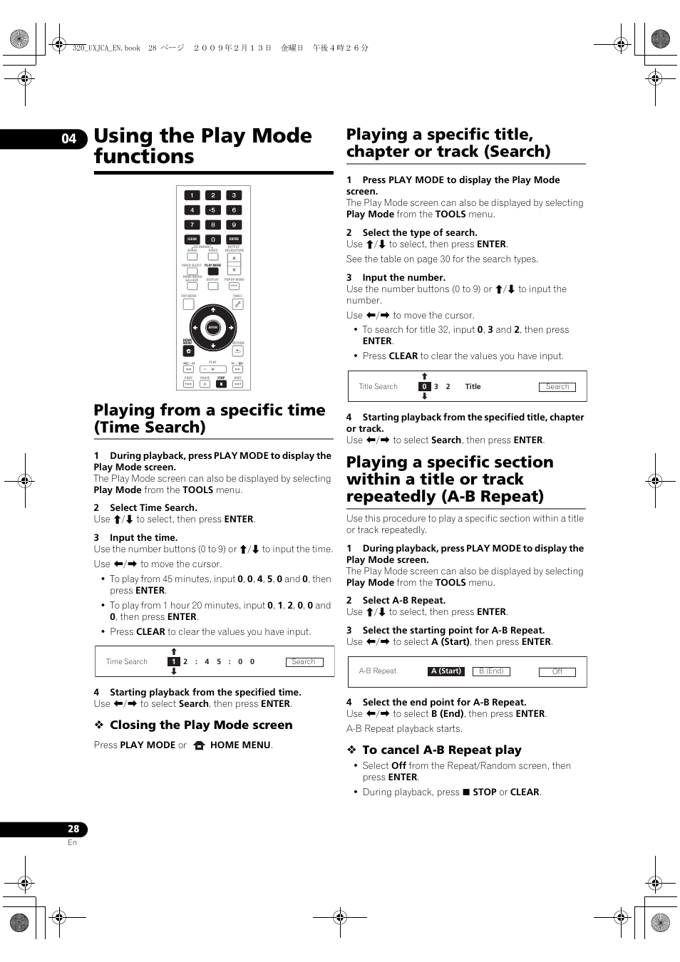 Using the play mode functions, Playing from a specific time (time search), Playing f | Rom a specific time (time search), Playing a s, Pecific title, chapter or track (search), Pecific section within a title or track, Repeatedly (a-b repeat), Closing the play mode screen | Pioneer BDP-320 User Manual | Page 28 / 66