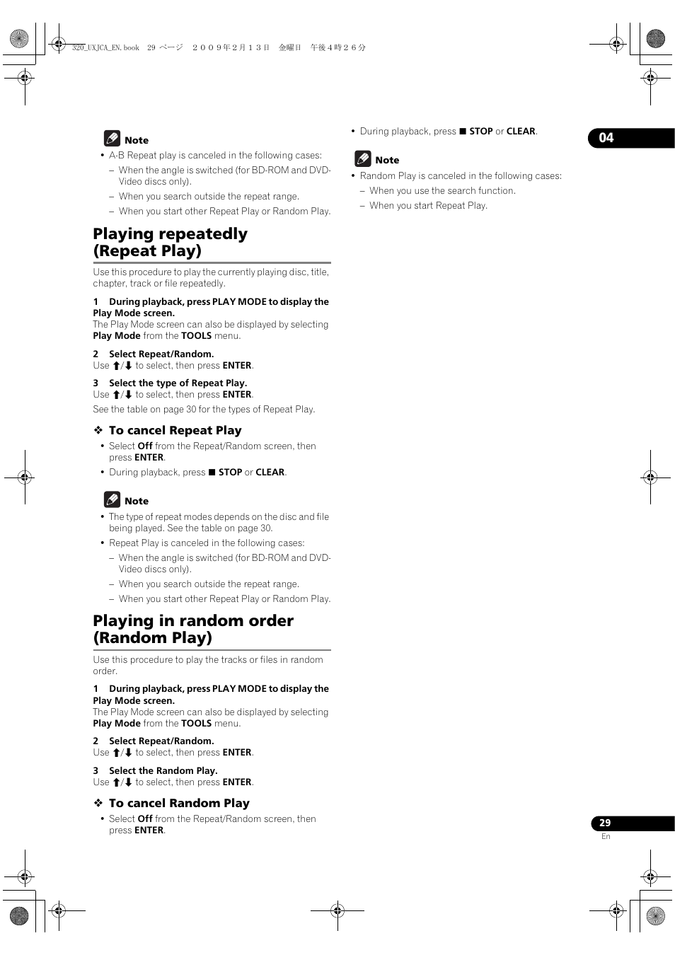 Playing repeatedly (repeat play), Playing in random order (random play), Playing | Repeatedly (repeat play), Playing in, Random order (random play) | Pioneer BDP-320 User Manual | Page 29 / 66