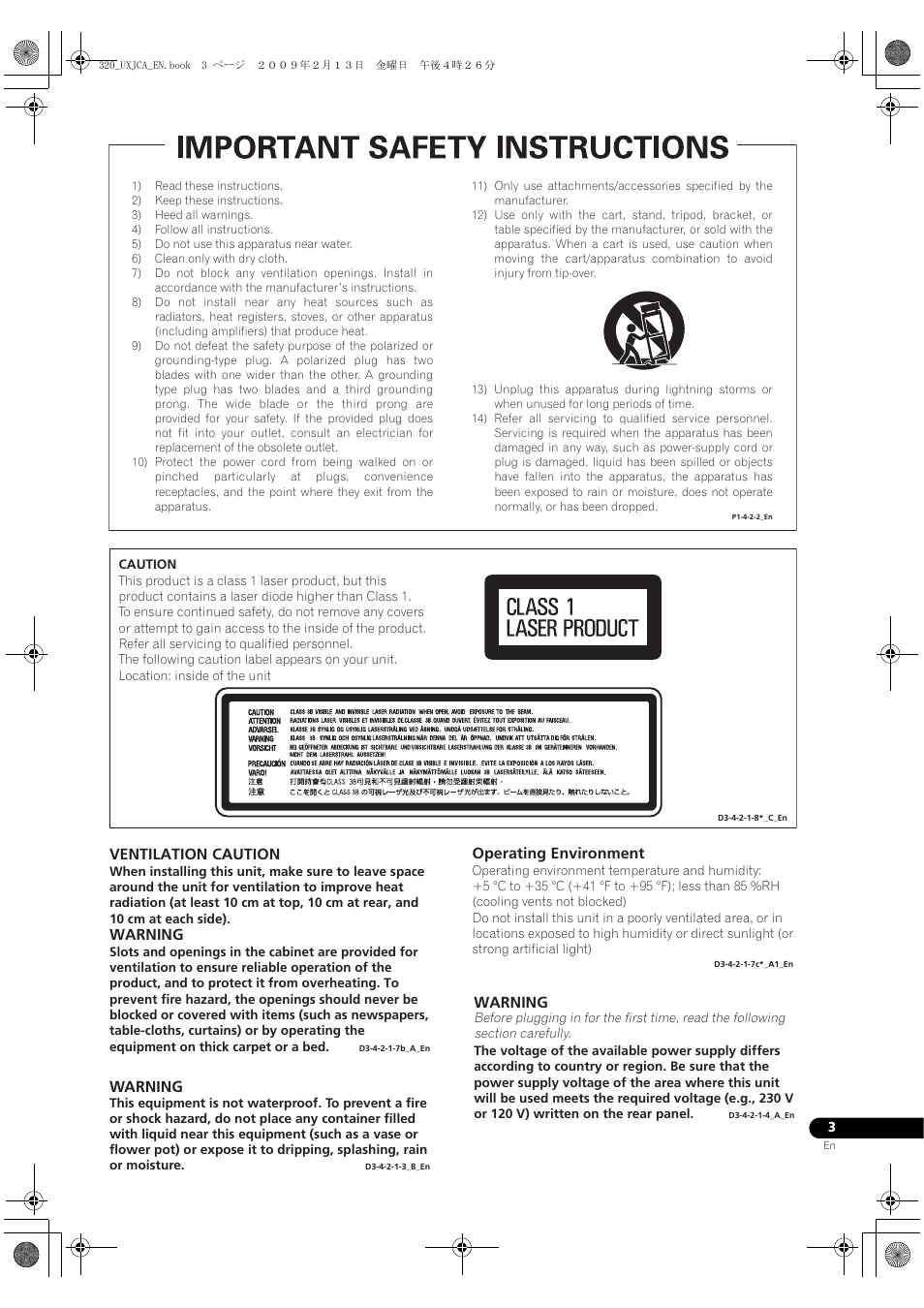 Ventilation caution, Warning, Operating environment | Pioneer BDP-320 User Manual | Page 3 / 66
