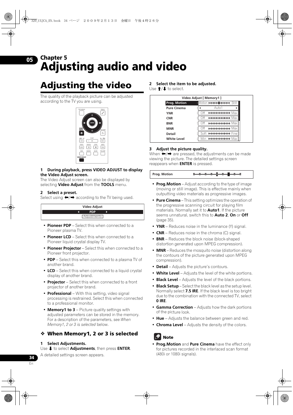 Adjusting audio and video, Adjusting the video, 05 adjusting audio and video | Chapter 5 | Pioneer BDP-320 User Manual | Page 34 / 66