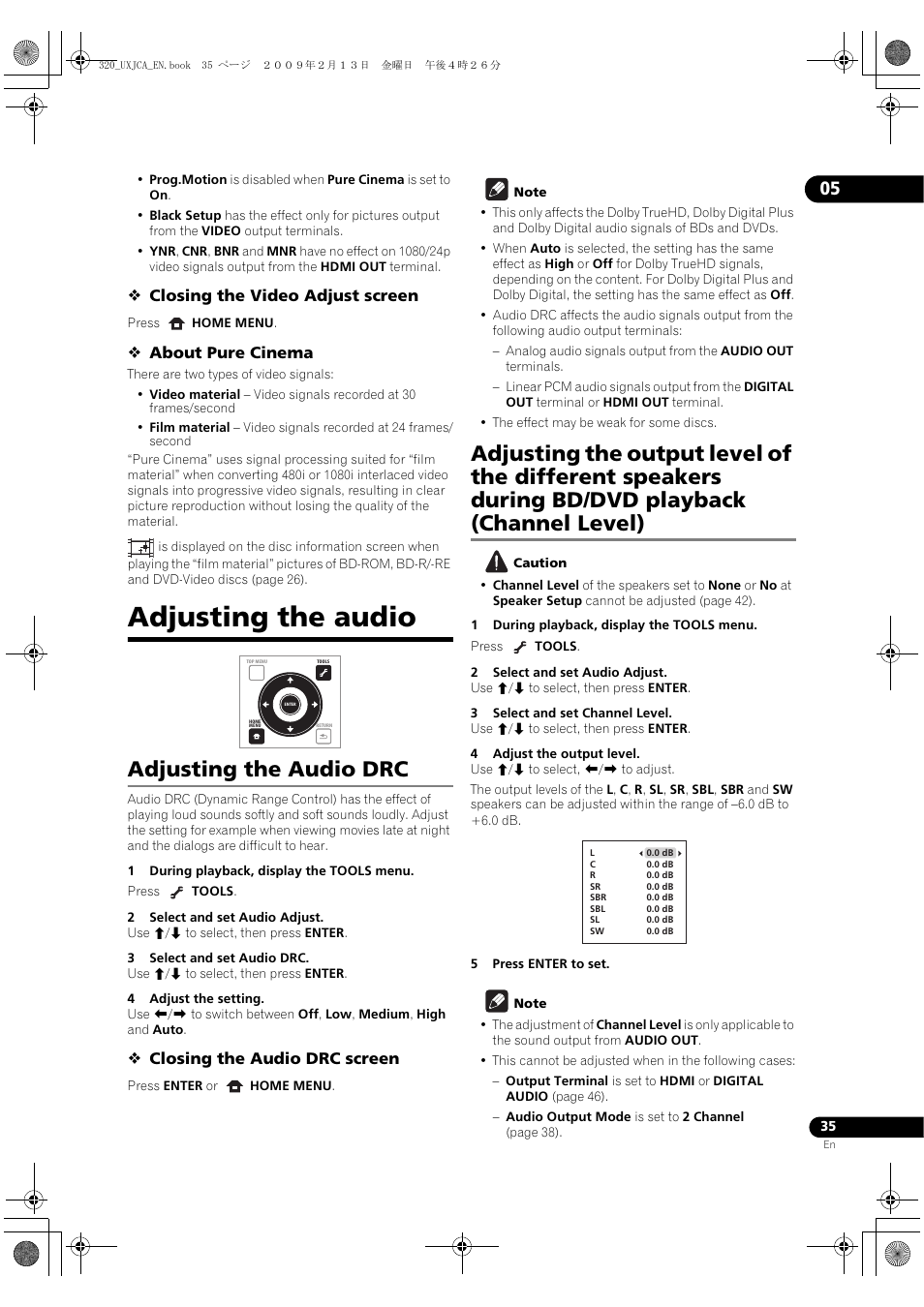 Adjusting the audio, Adjusting the audio drc, Adjusting the audio drc adjusting the out | Put level of the different speakers, Ring bd/dvd playback (channel level) | Pioneer BDP-320 User Manual | Page 35 / 66