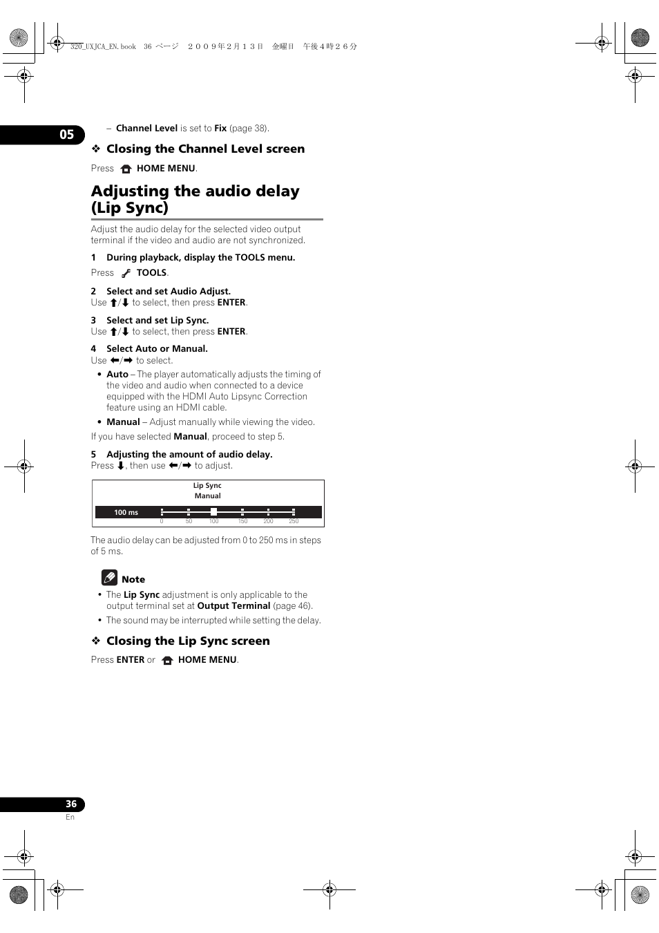 Adjusting the audio delay (lip sync), Adjusting the audio delay (li, P sync) | Pioneer BDP-320 User Manual | Page 36 / 66