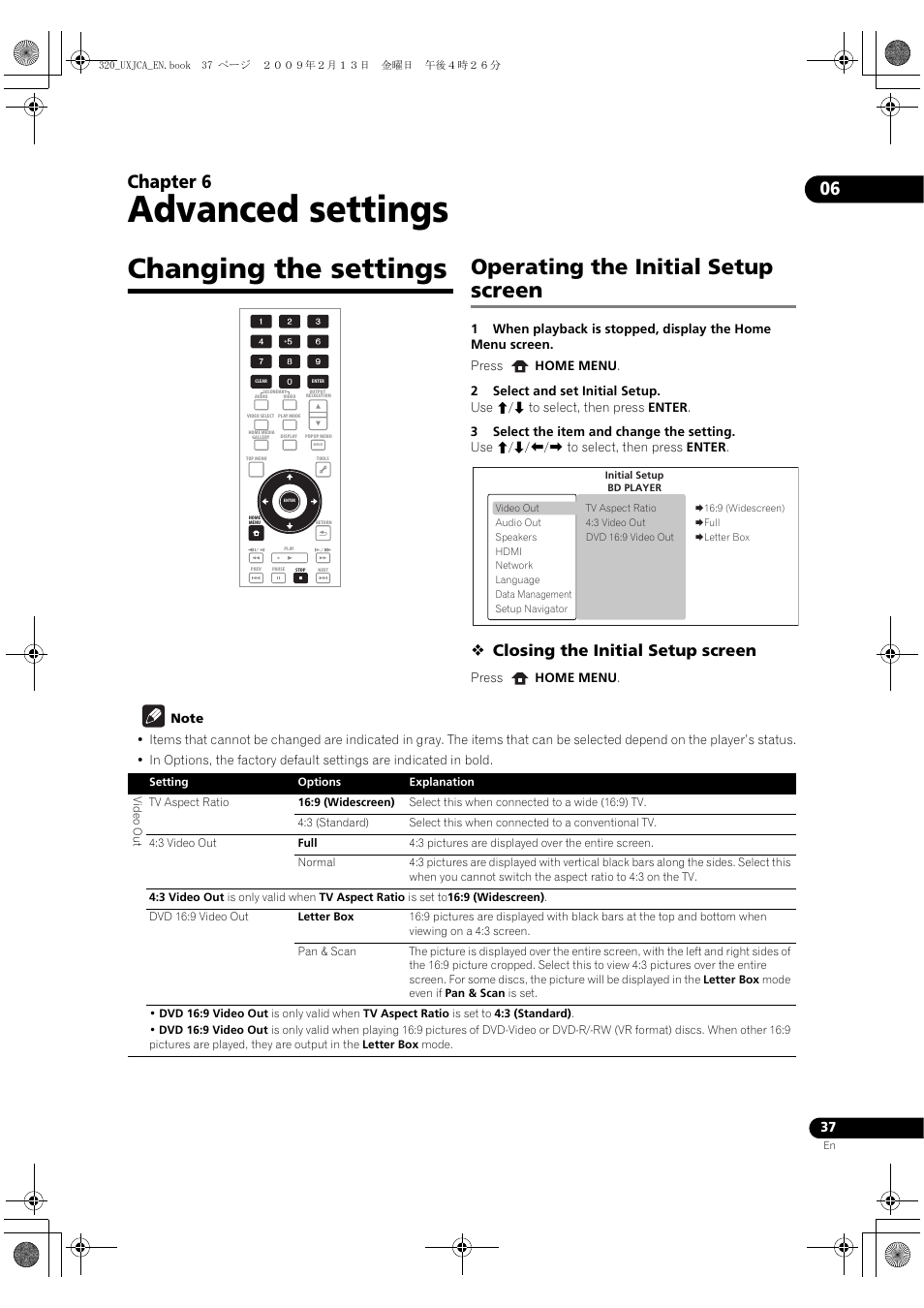 Advanced settings, Changing the settings, Operating the initial setup screen | 06 advanced settings, Perating the initial setup screen, 06 chapter 6, Closing the initial setup screen | Pioneer BDP-320 User Manual | Page 37 / 66