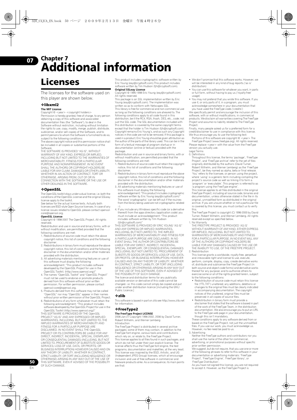 Additional information, Licenses, Libxml2 | Openssl, Zlib, Freetype2, 07 additional information, Chapter 7 | Pioneer BDP-320 User Manual | Page 50 / 66