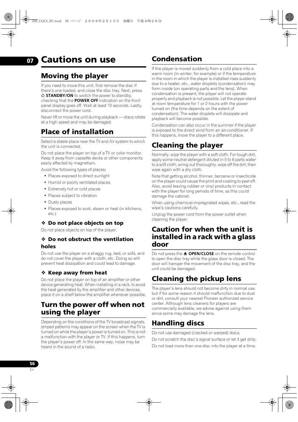 Cautions on use, Moving the player, Place of installation | Turn the power off when not using the player, Condensation, Cleaning the player, Cleaning the pickup lens, Handling discs, Moving the, Player | Pioneer BDP-320 User Manual | Page 56 / 66