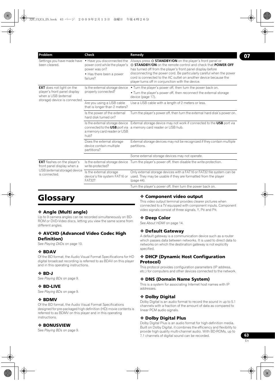Glossary, Angle (multi angle), Avchd (advanced video codec high definition) | Bdav, Bd-j, Bd-live, Bdmv, Bonusview, Component video output, Deep color | Pioneer BDP-320 User Manual | Page 63 / 66