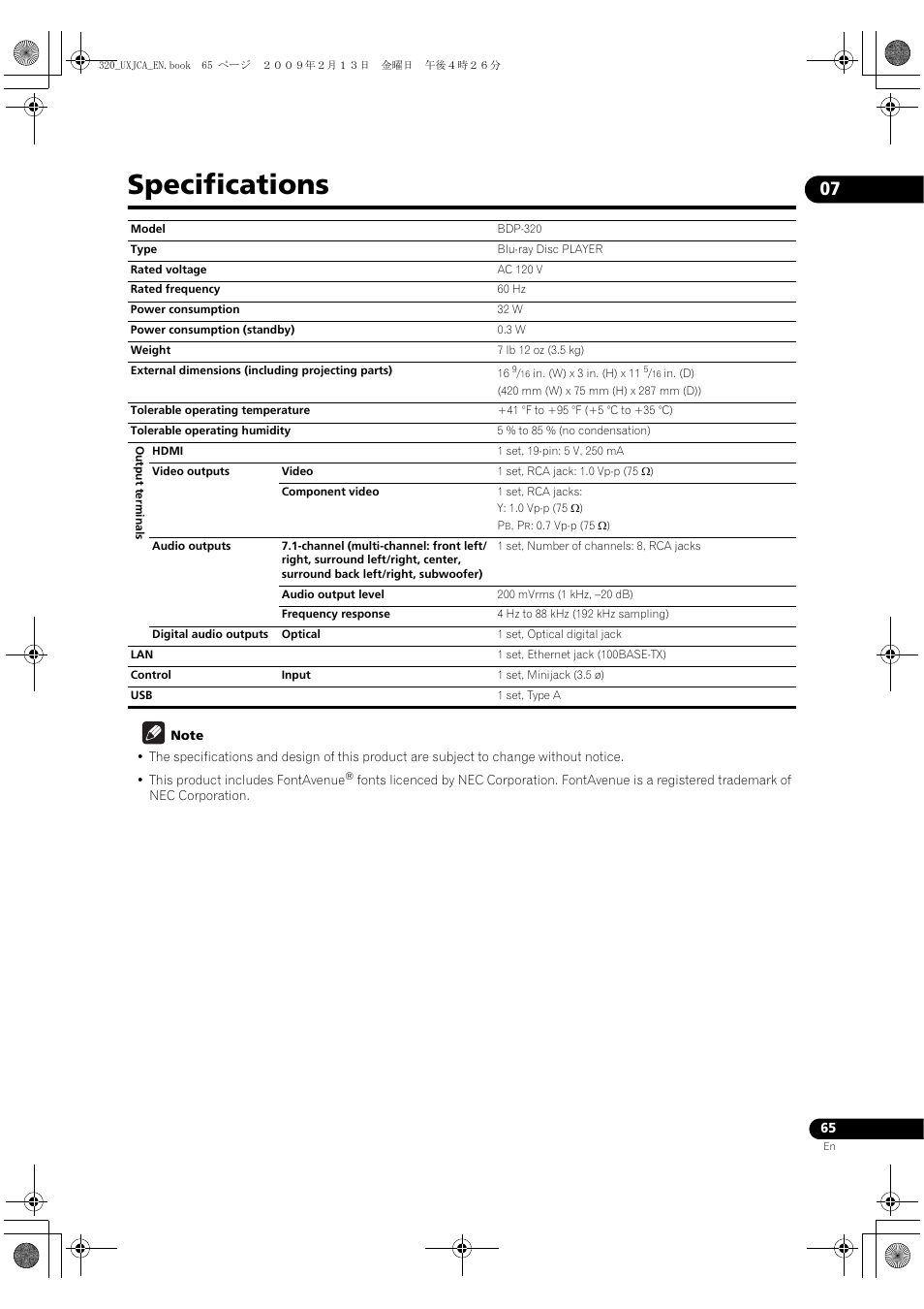 Specifications, Pecifications | Pioneer BDP-320 User Manual | Page 65 / 66